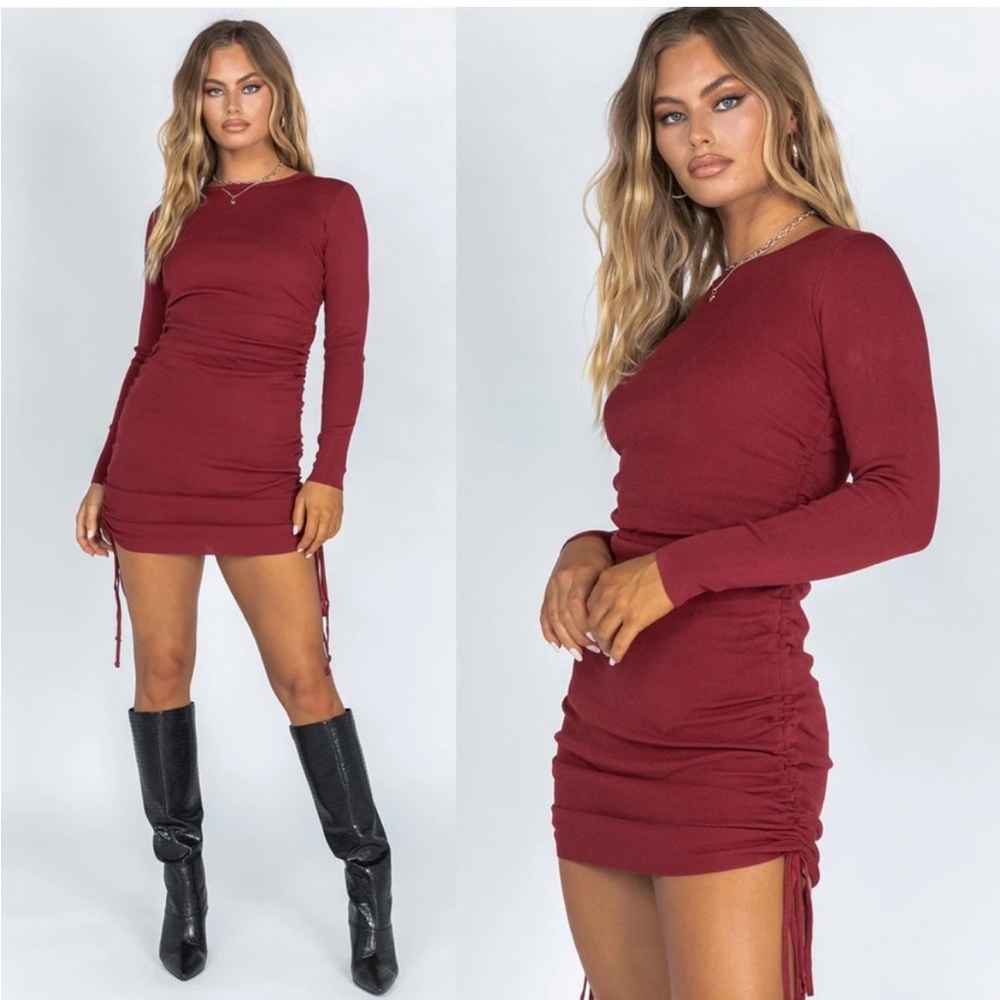 Long Sleeve Ruched Bodycon Mini Dress - Burgundy